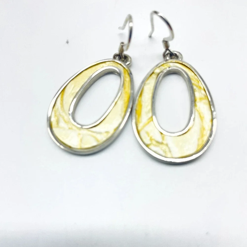 Two Tone Pierced Earrings Lot 3 Oval Dangle Fleur de Lis Faux Pearl Mixed Metals